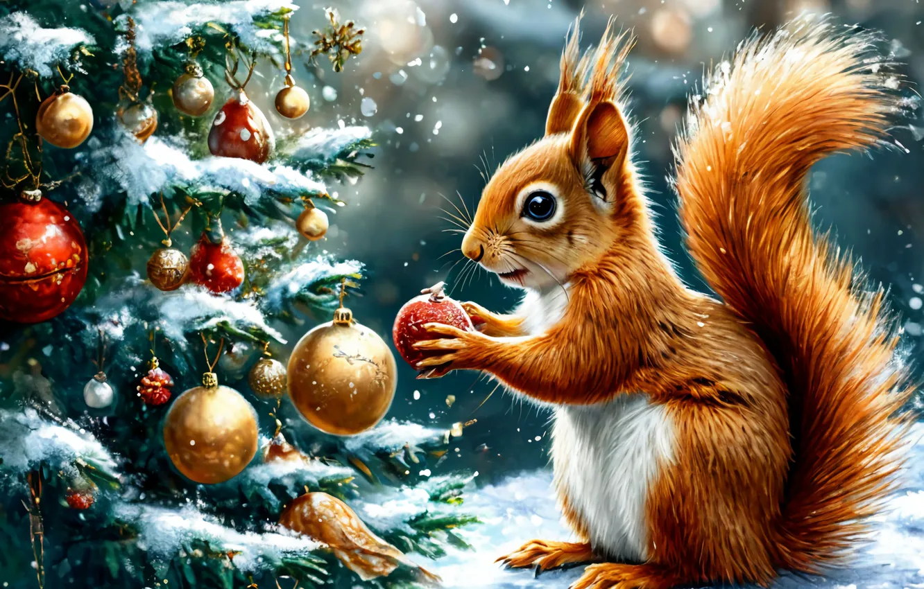 Photo wallpaper tree, new year, protein, squirrel