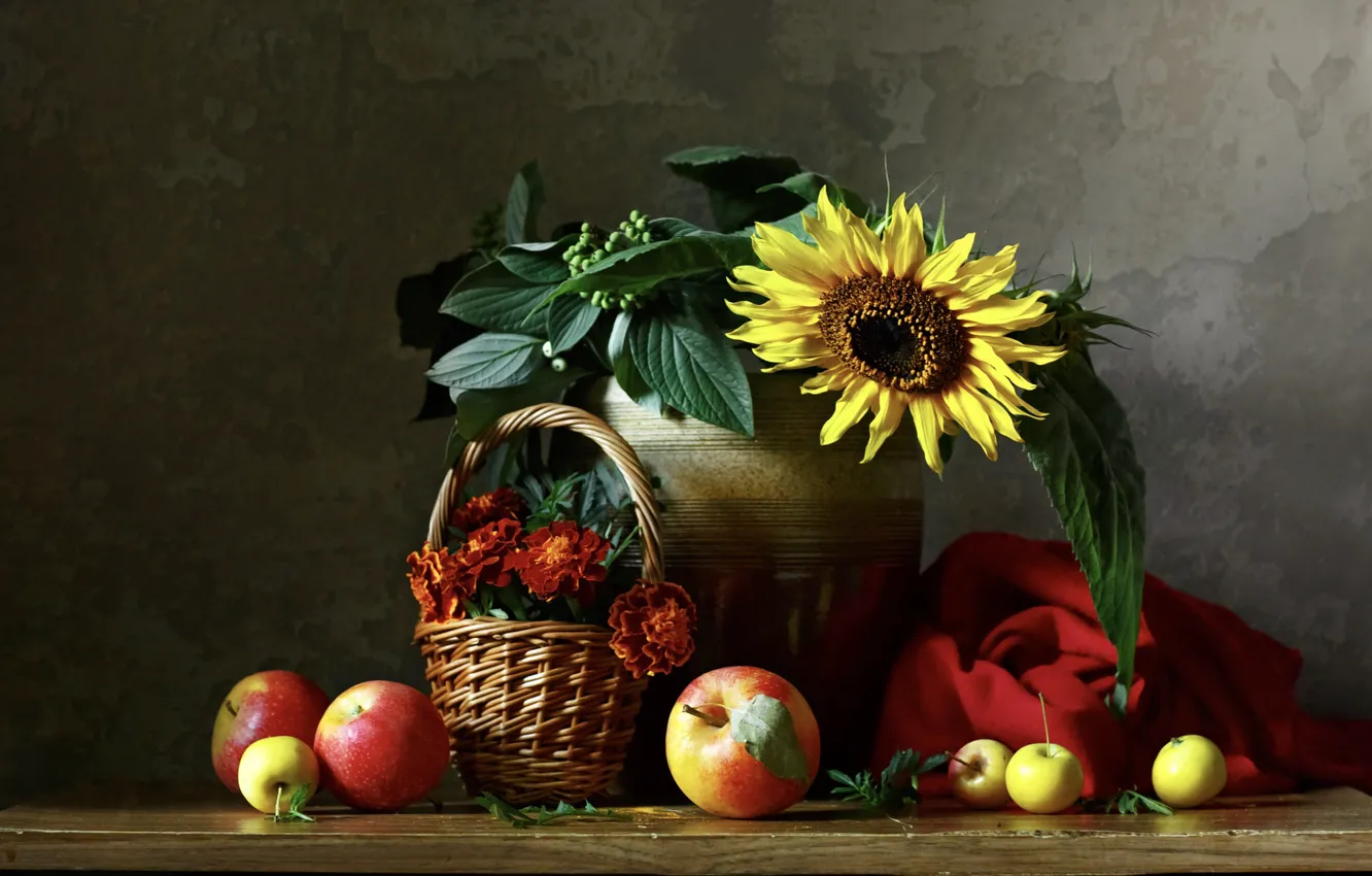 Photo wallpaper leaves, sunflowers, flowers, apples, bouquet, fabric, still life, pot