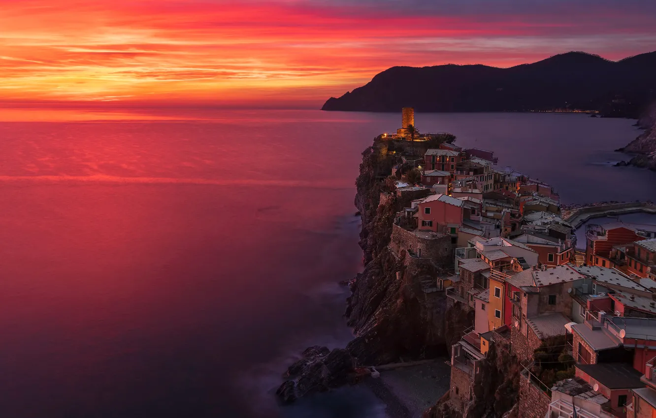Photo wallpaper sea, sunset, coast, building, home, Italy, Italy, The Ligurian sea