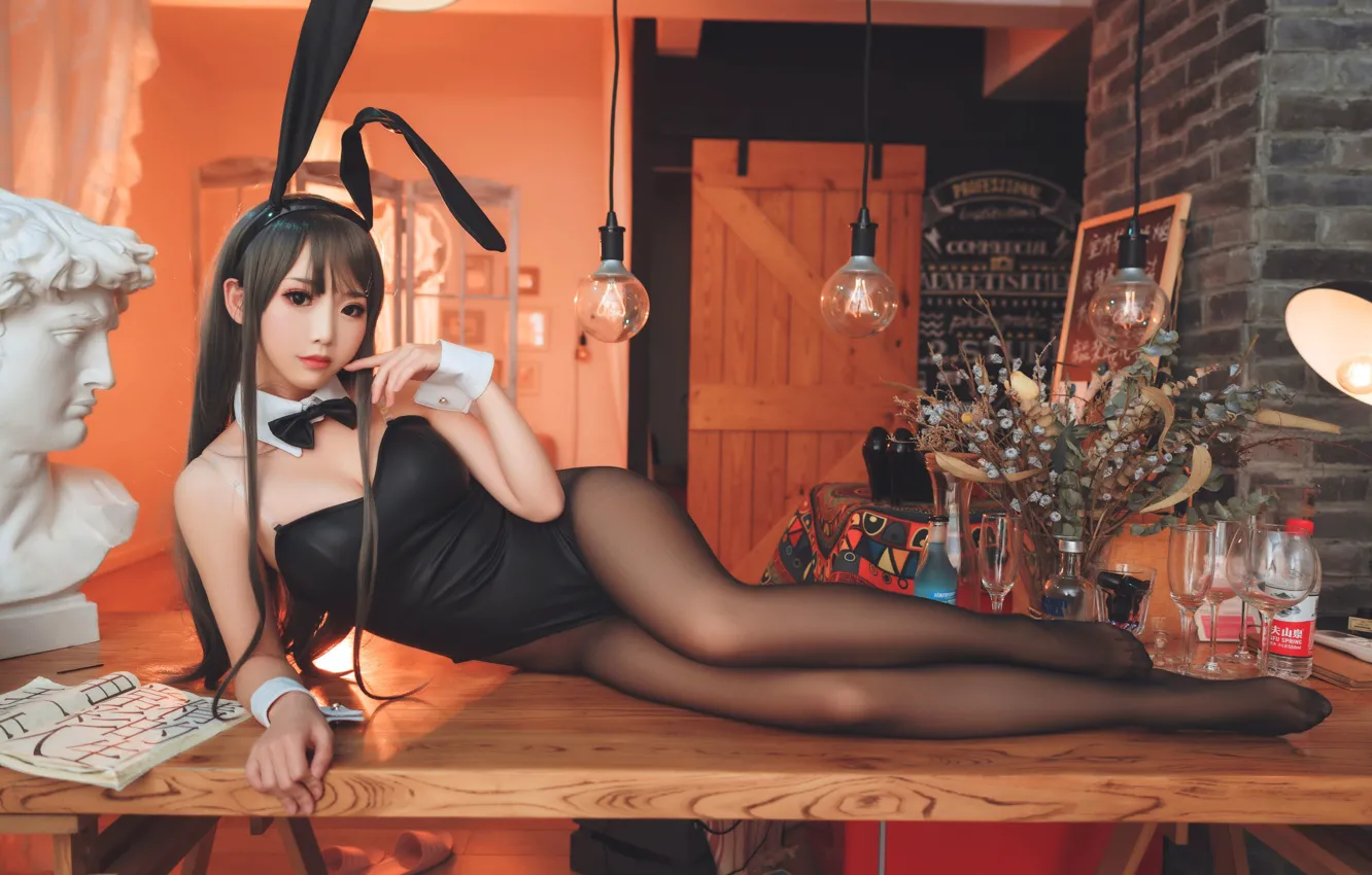 Photo wallpaper girl, lamp, glasses, bottle, girl, legs, Asian, Bunny