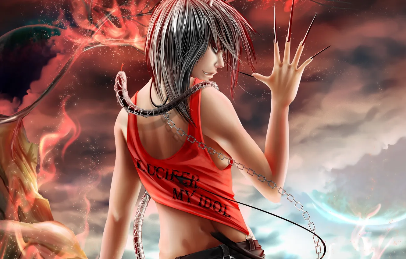 Photo wallpaper the inscription, back, snake, the demon, art, chain, tail, claws