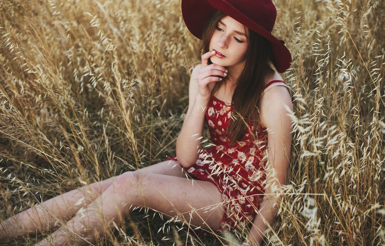 Photo wallpaper grass, girl, pose, hat, sitting