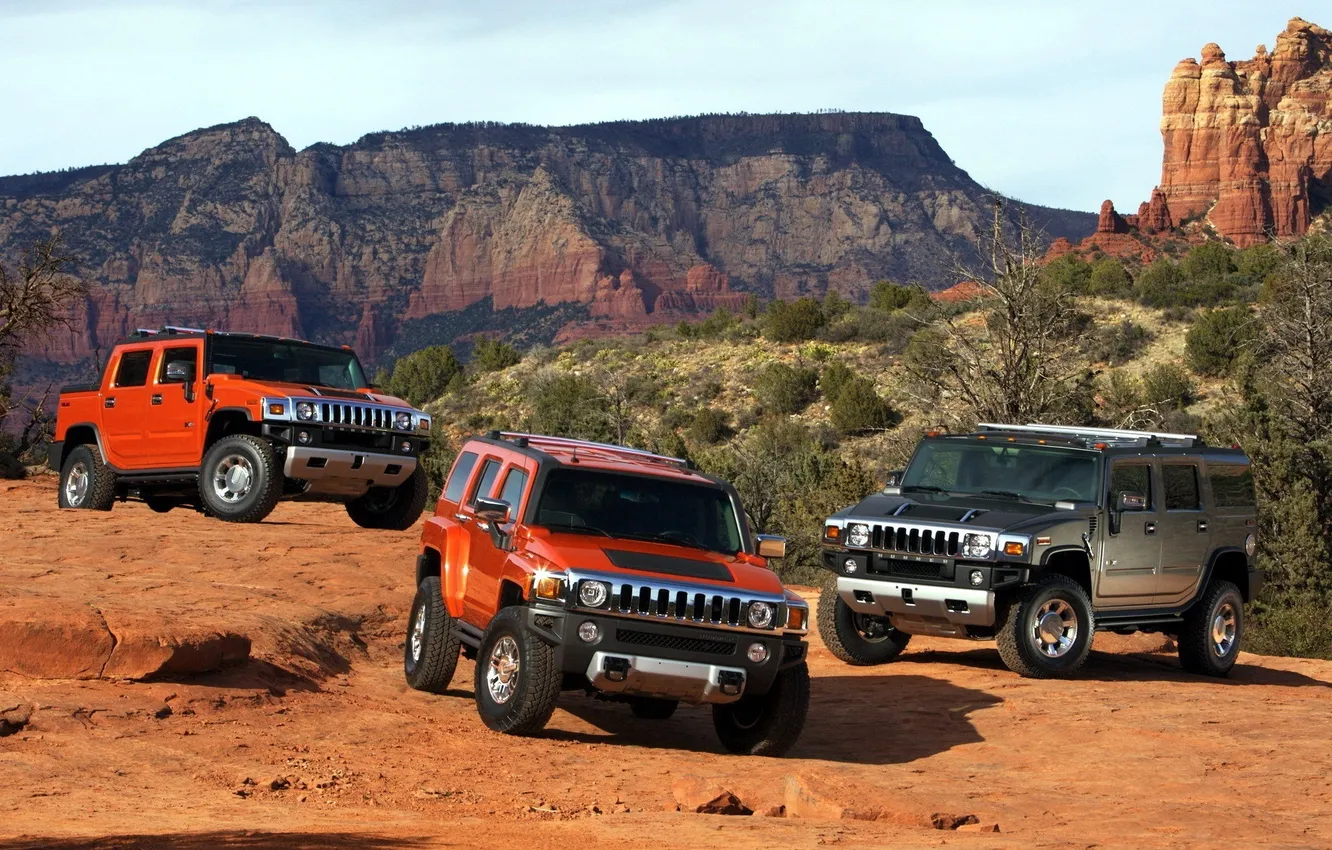 Photo wallpaper the sky, America, the bushes, Hummer, mixed, H2 SUT, canyon, H3 Alpha