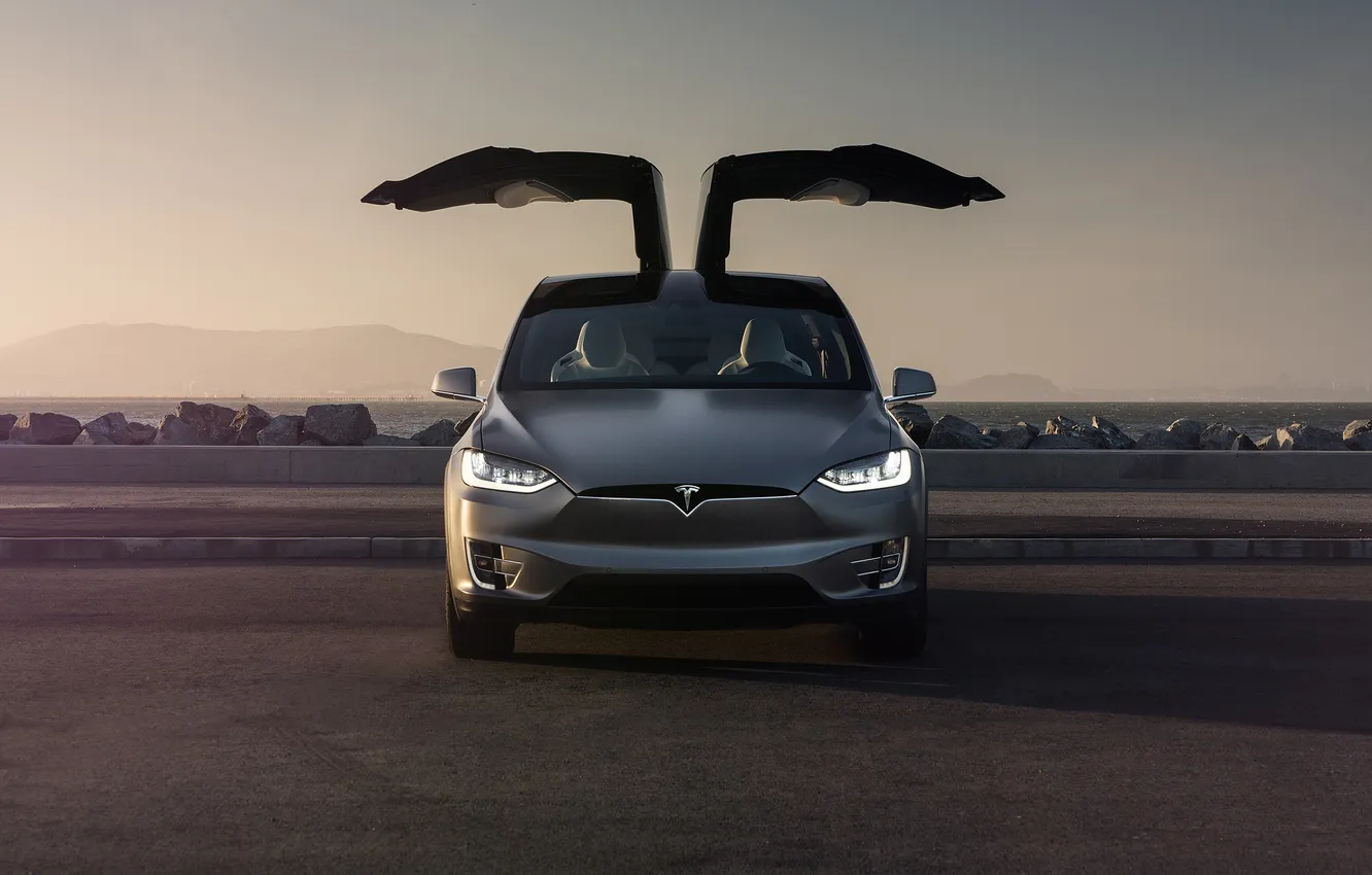 Photo wallpaper car, Front, Tesla, electric, Model X, Doors, P90D