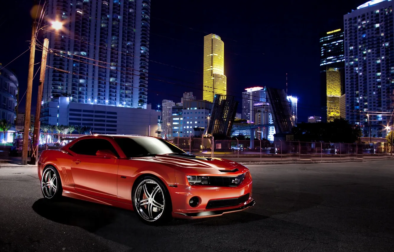 Photo wallpaper night, red, the city, red, Chevrolet, camaro, chevrolet, Camaro