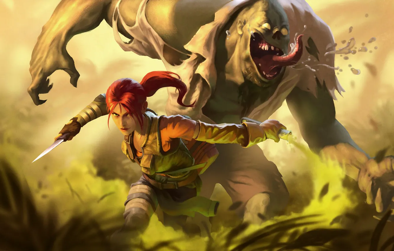 Photo wallpaper girl, figure, art, knife, zombies, giant, red, girl