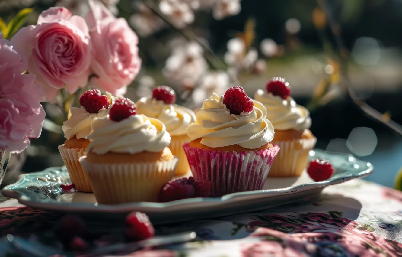 Photo wallpaper flowers, roses, cake, dessert, AI art, neural network
