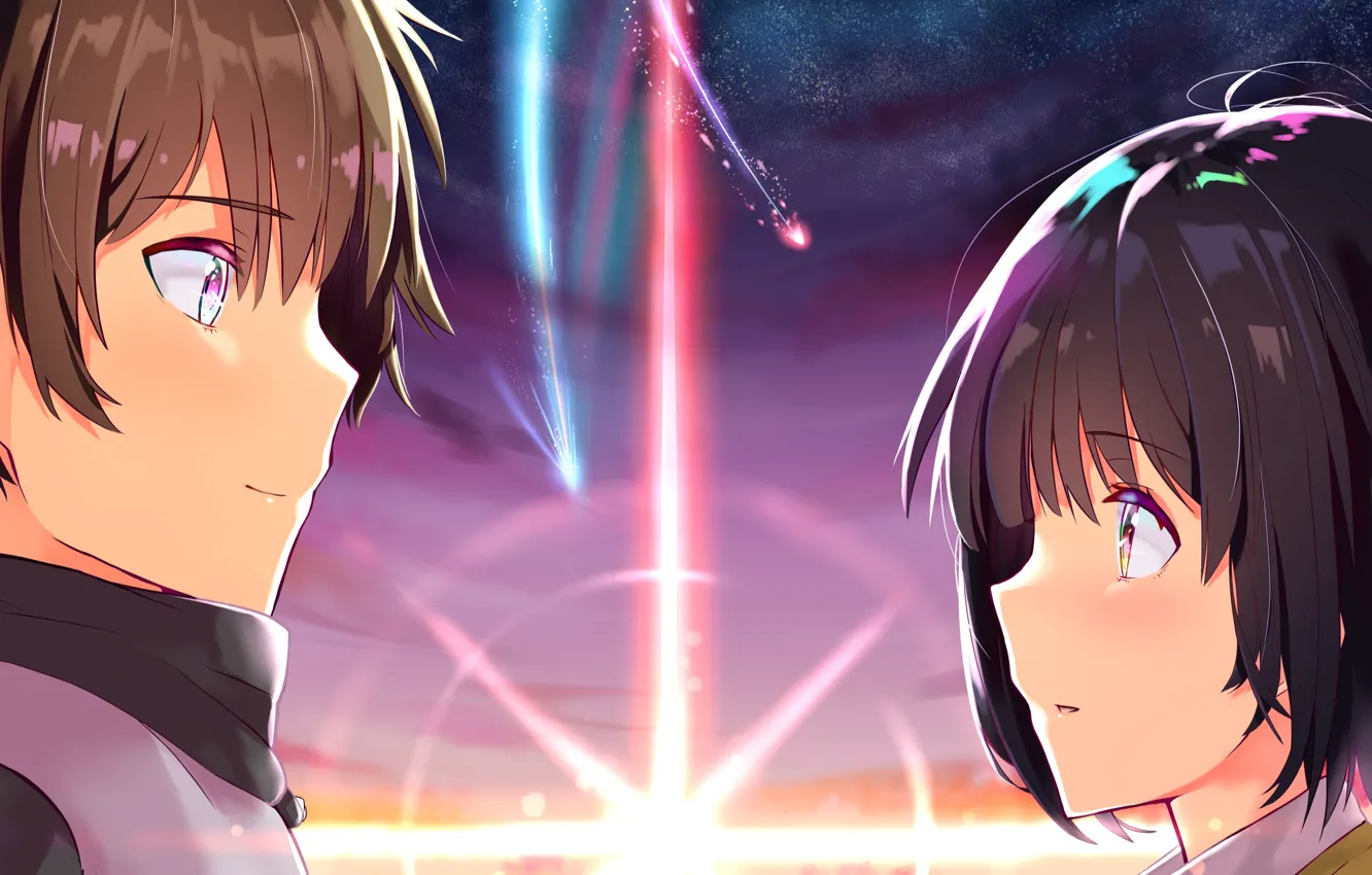 Photo wallpaper girl, sunset, romance, the evening, comet, guy, two, confrontation face to face