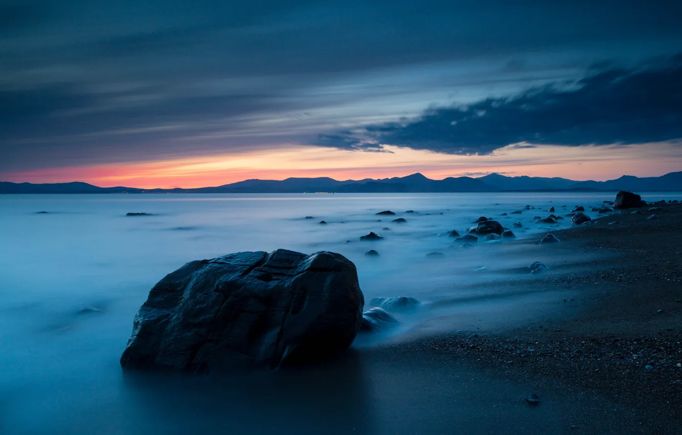 Photo wallpaper sea, beach, sunset, stones, the evening