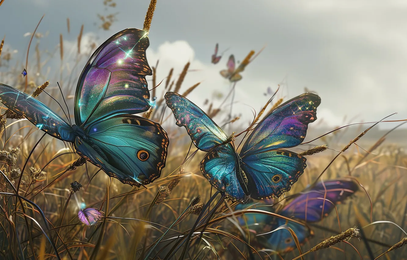 Photo wallpaper grass, butterfly, art, pair