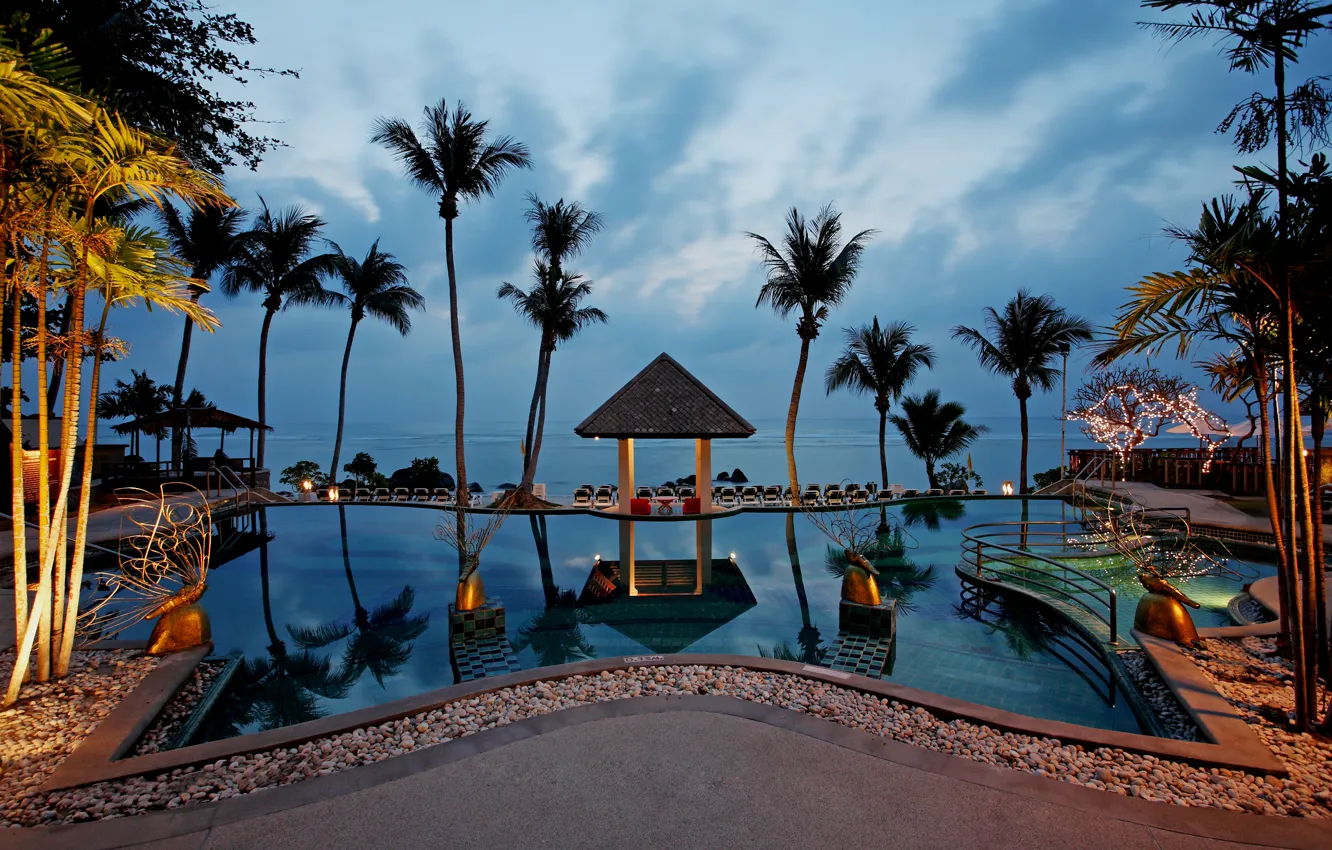 Photo wallpaper palm trees, the ocean, Villa, the evening, pool, lighting, Thailand, resort