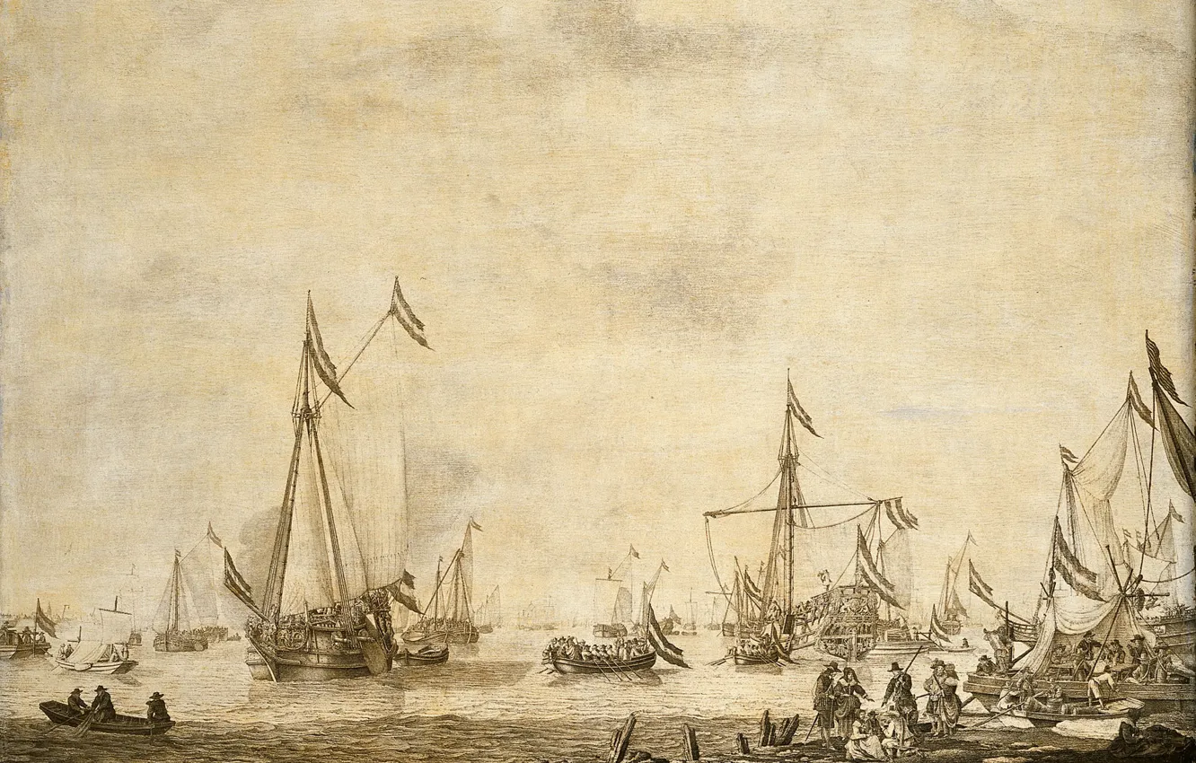 Photo wallpaper figure, ink, 1693, Willem van de Velde I, Willem van de Velde the Elder, Ships …