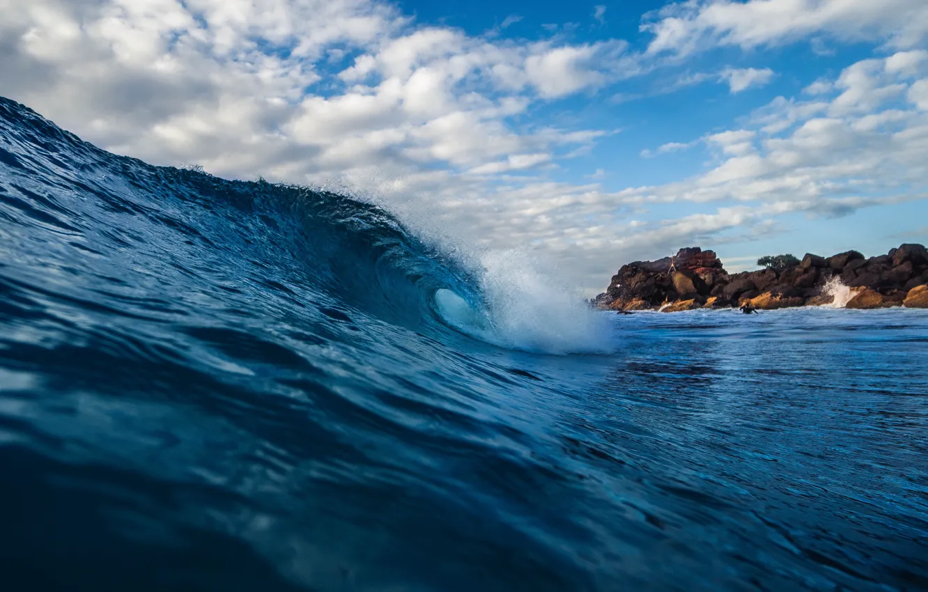 Photo wallpaper sea, wave, the sky, foam, water, clouds, stones, sea