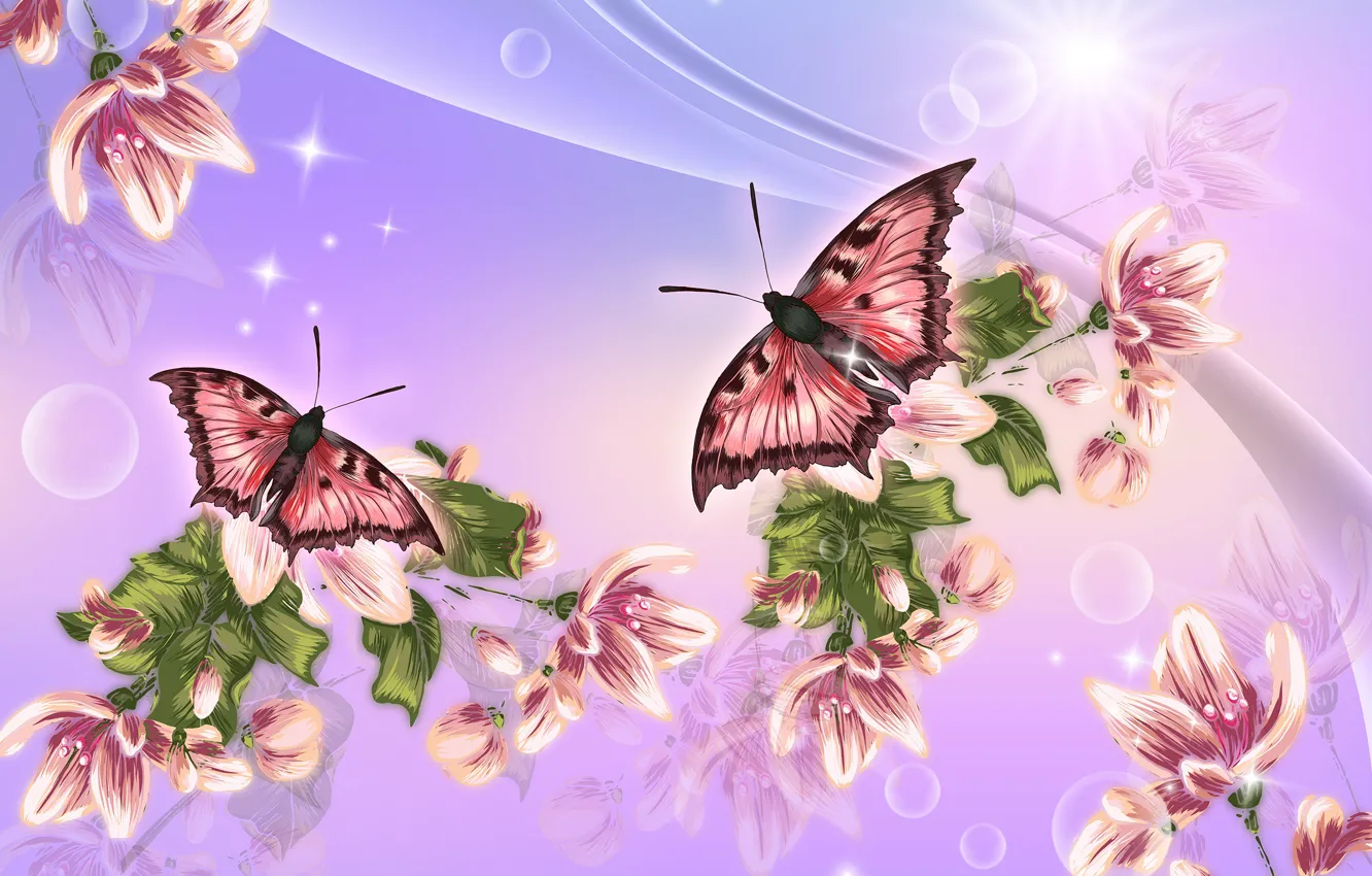 Photo wallpaper butterfly, flowers, Wallpaper