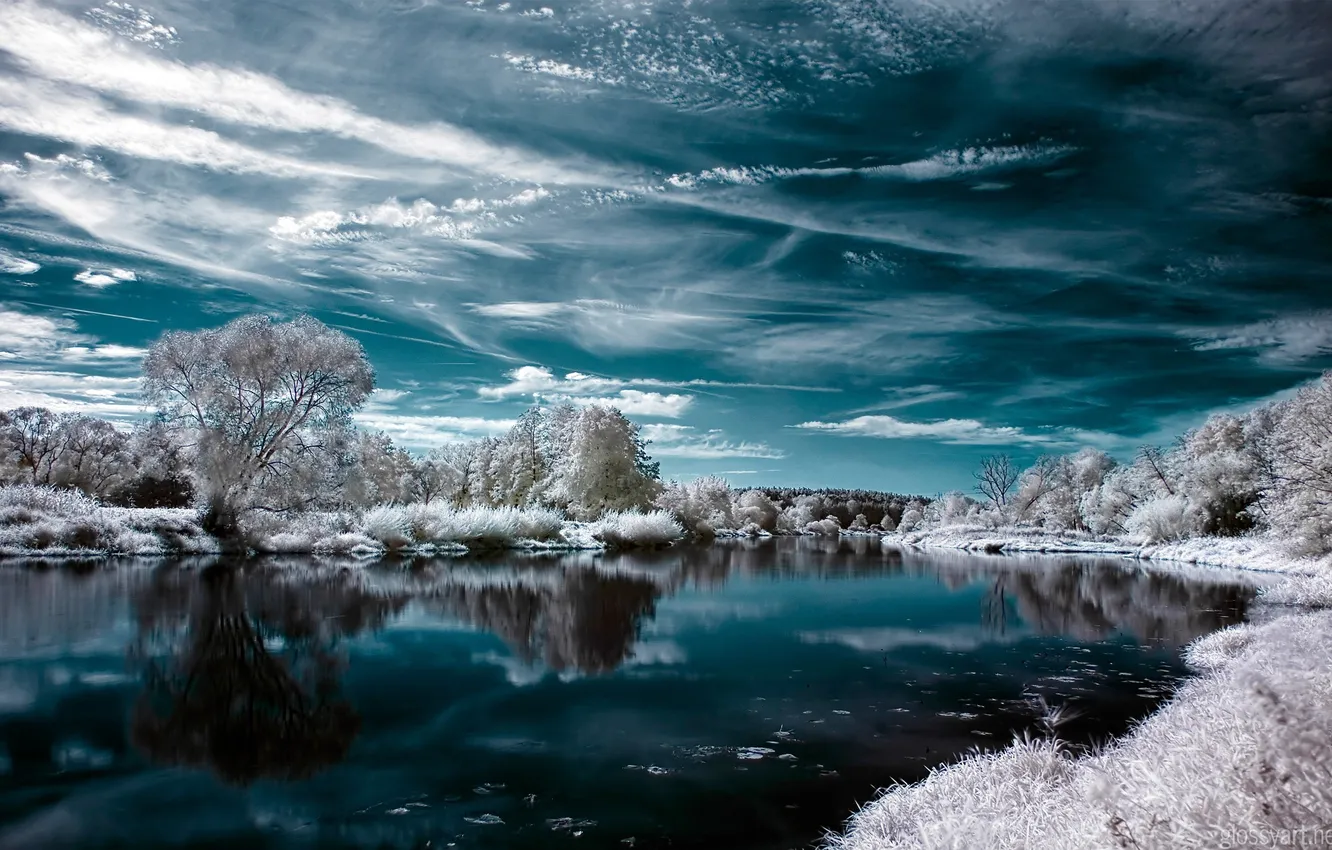Photo wallpaper winter, the sky, water, clouds, snow, trees, landscape, river