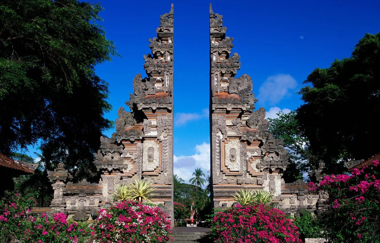 Photo wallpaper the sky, trees, flowers, nature, Asia, monument, architecture