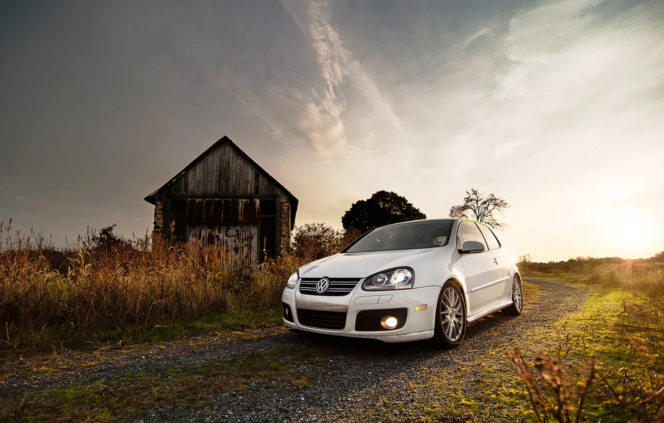 Photo wallpaper auto, the sky, grass, the sun, sunset, Volkswagen, village, the barn