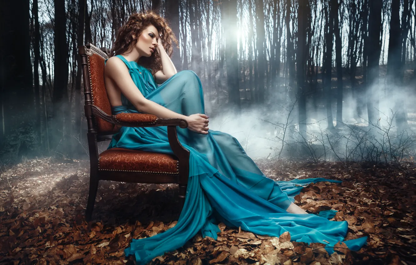 Photo wallpaper autumn, forest, girl, chair, dress, brown hair, Daniel Ilinca