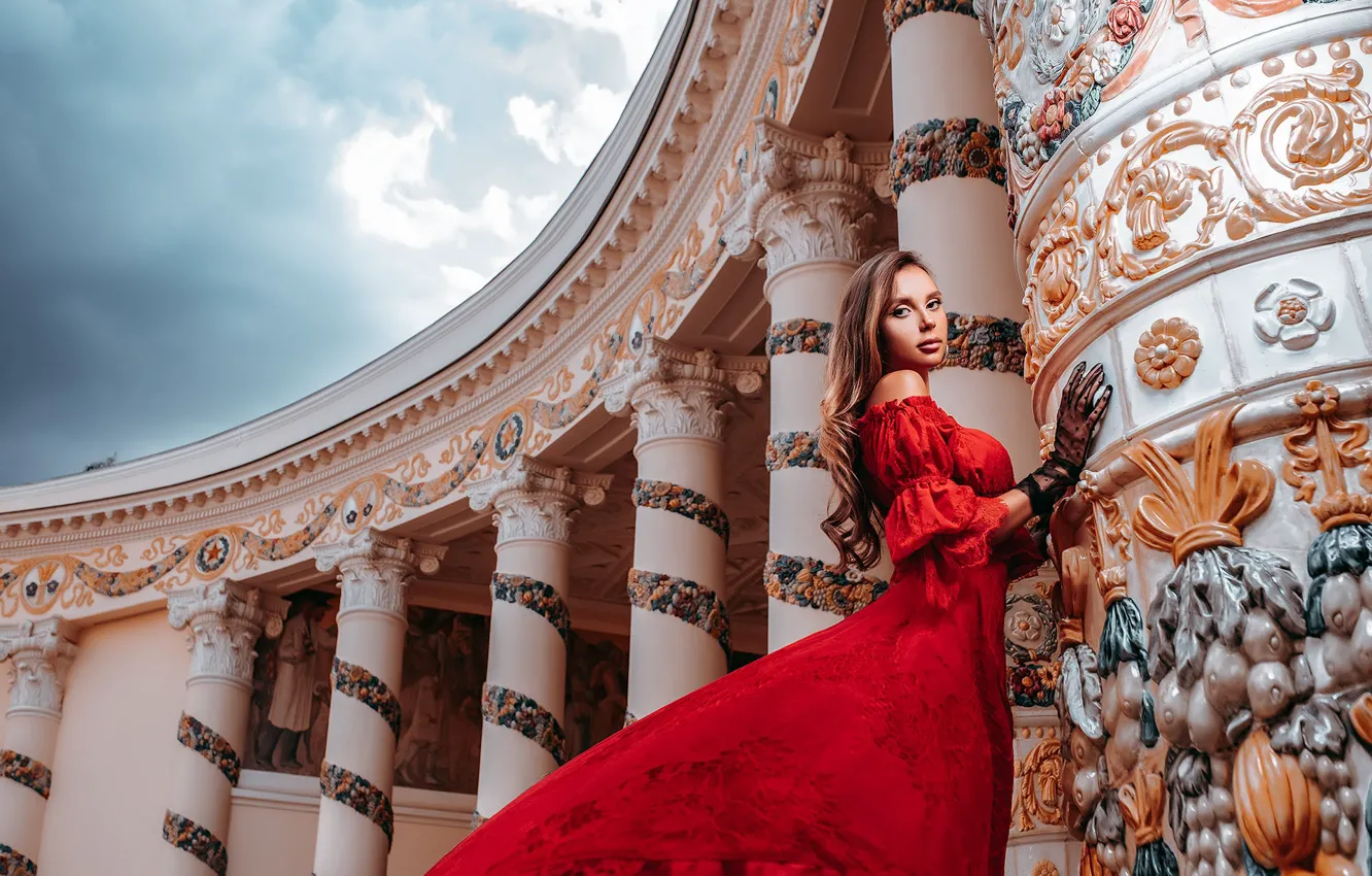 Photo wallpaper style, look, Nikolay Tikhomirov, the sky, Rus, Princess, architecture, red dress