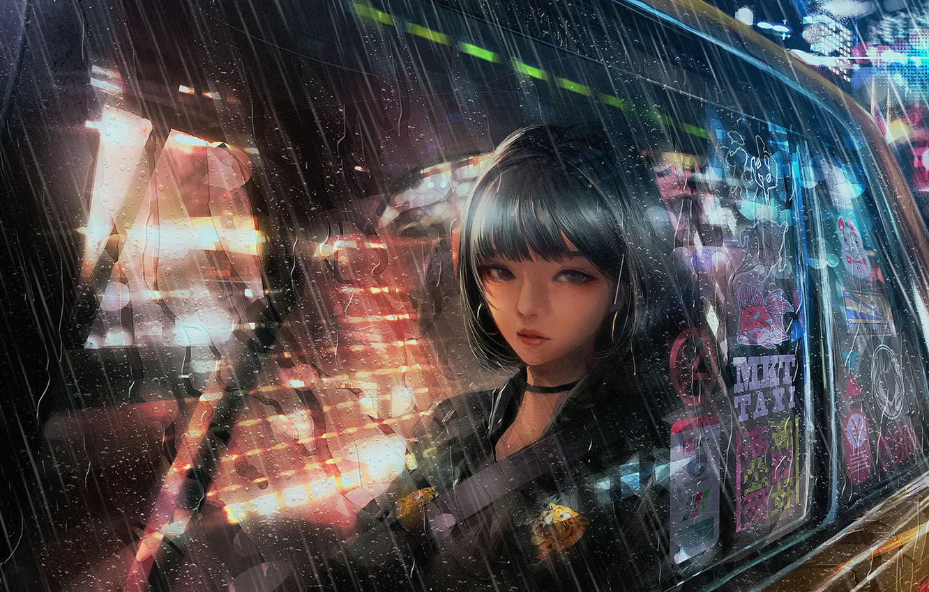 Photo wallpaper girl, the city, rain, taxi