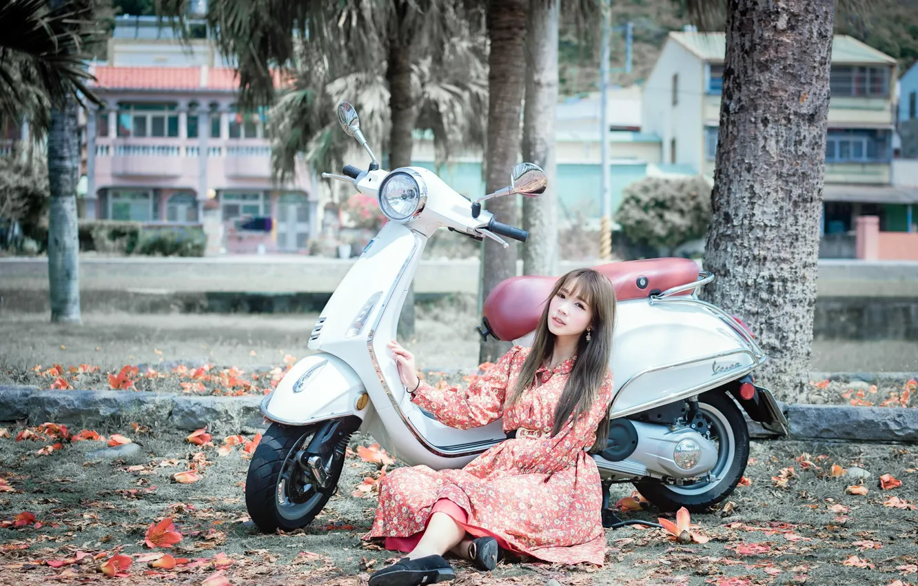 Photo wallpaper girl, street, scooter