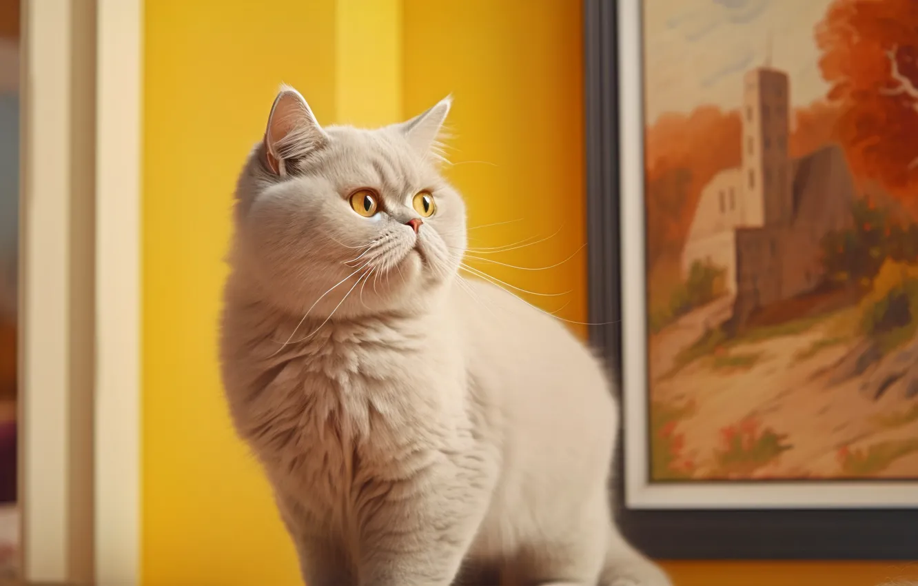 Photo wallpaper cat, white, cat, look, pose, picture, face, yellow eyes