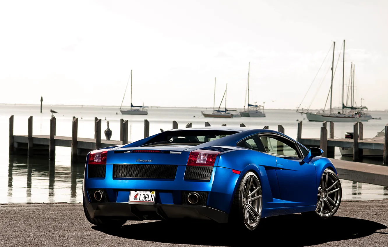 Photo wallpaper the sky, blue, yachts, Lamborghini, pier, Gallardo, Lamborghini, blue