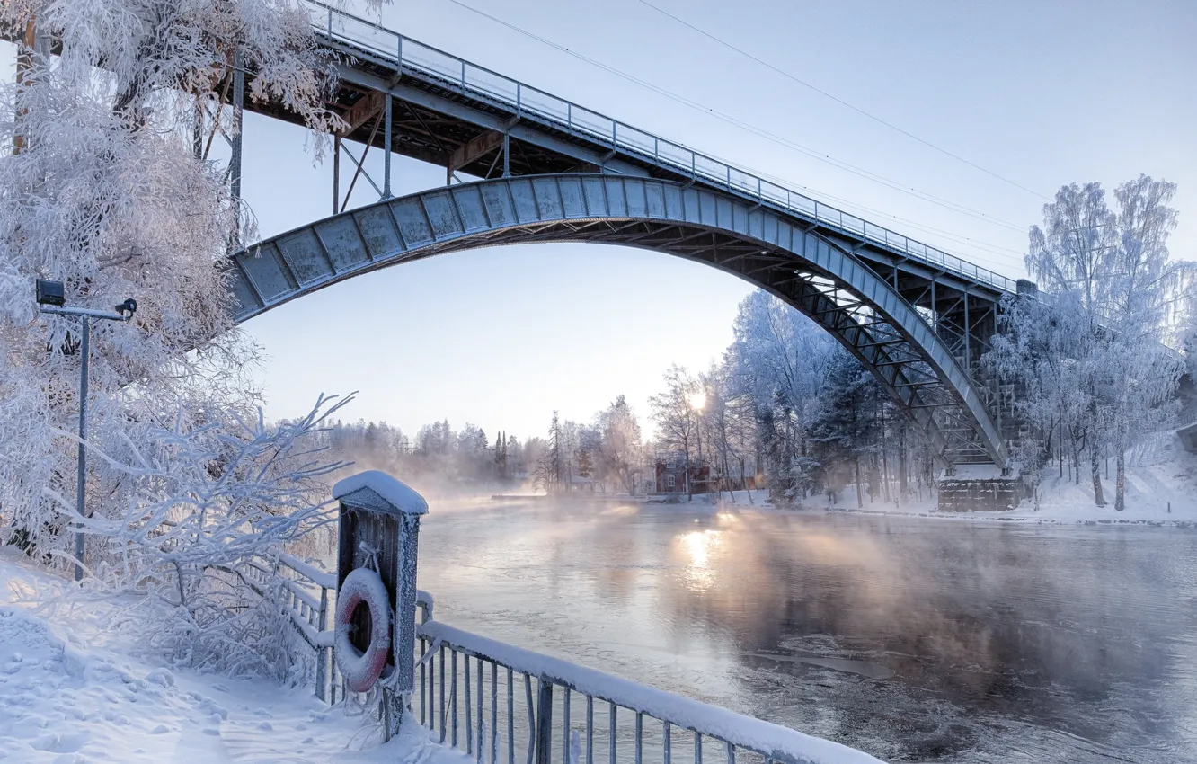Photo wallpaper winter, snow, bridge, river, morning, arch