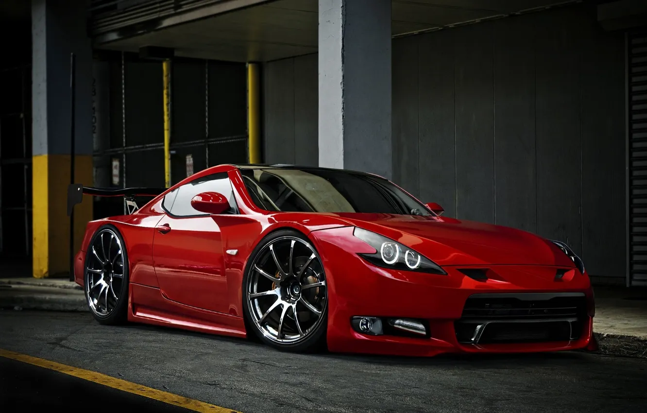 Photo wallpaper red, supercar, the dark background, Nissan GT-R