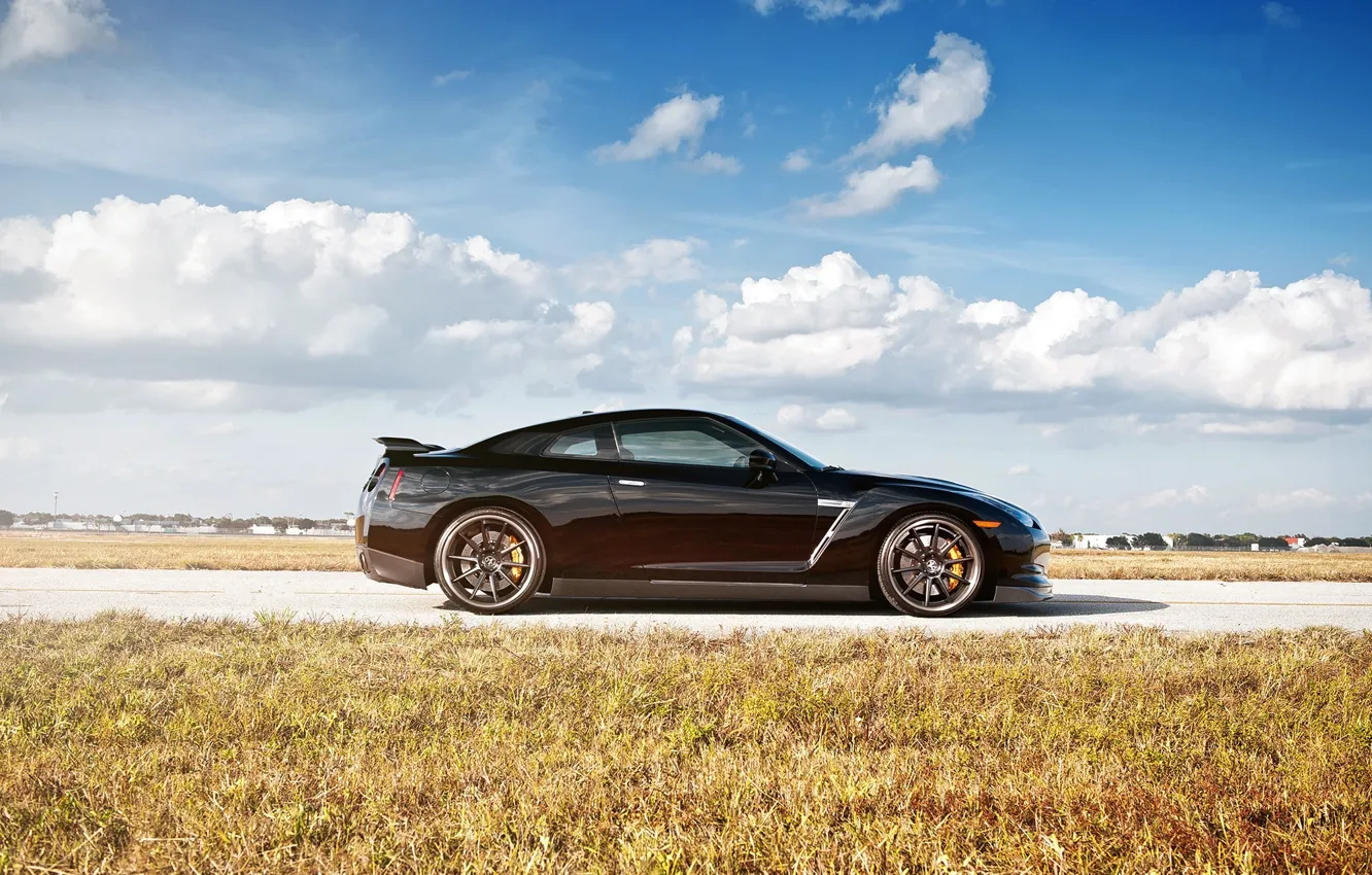 Photo wallpaper road, the sky, clouds, black, nissan, profile, wheels, drives