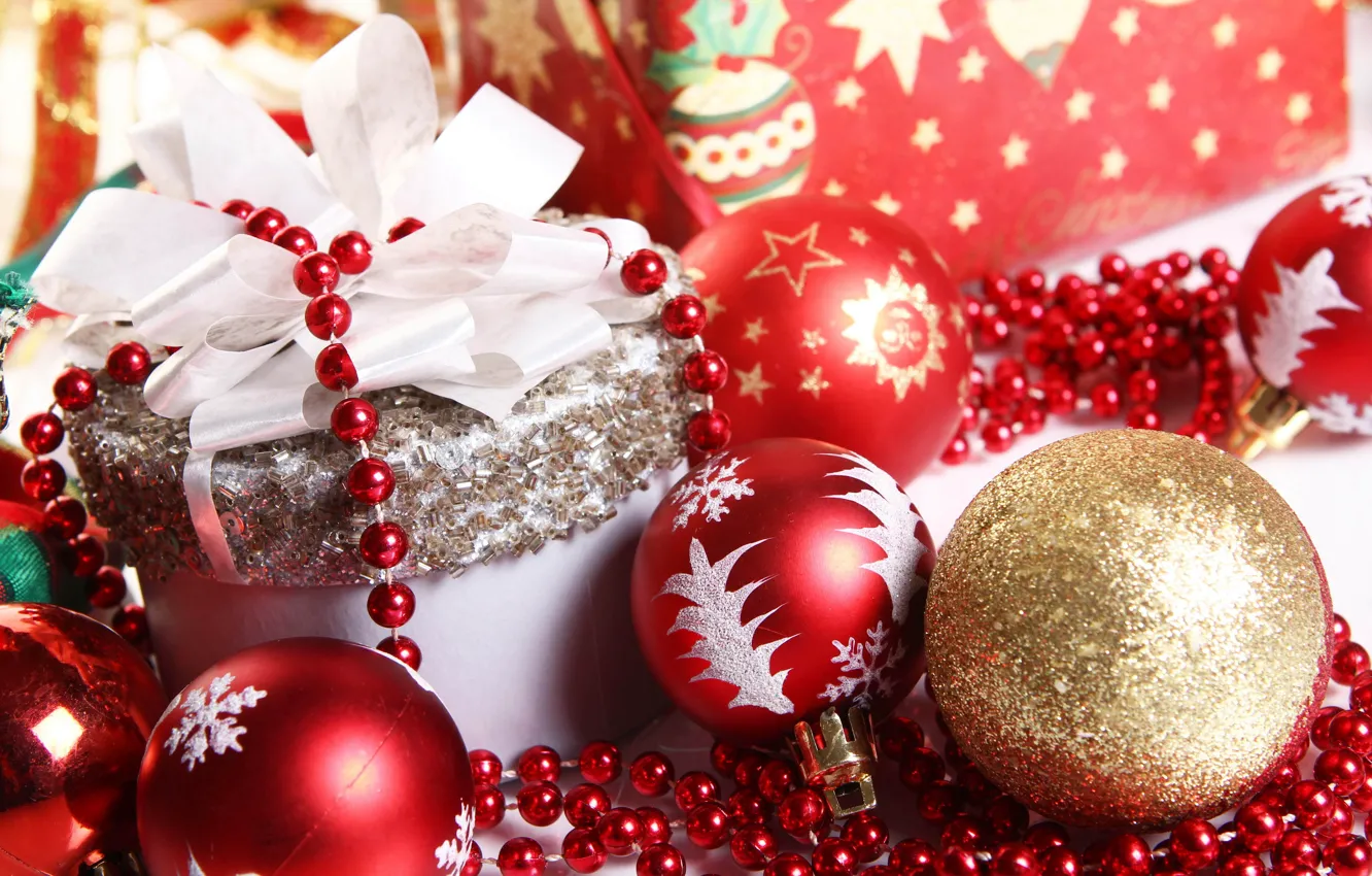 Photo wallpaper balls, holiday, box, gift, balls, new year, Christmas, red