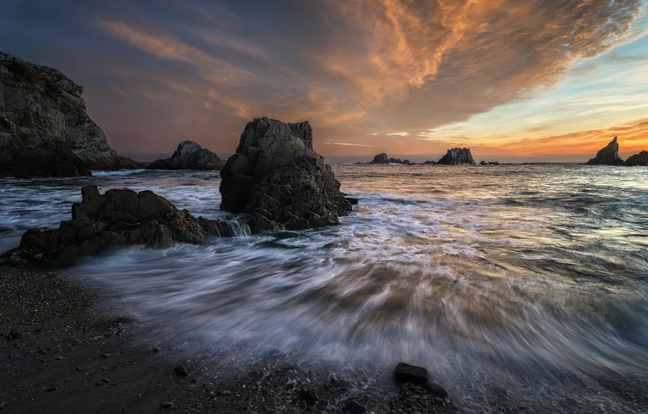 Photo wallpaper sunset, rocks, coast