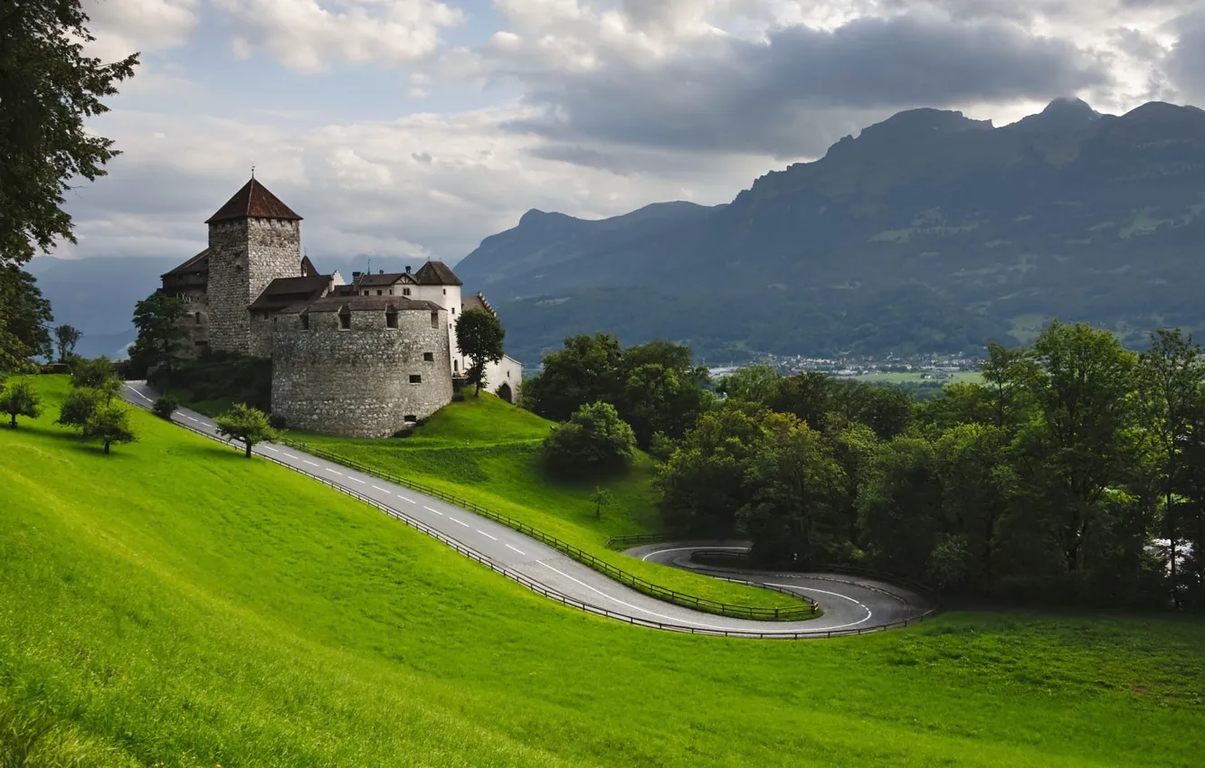 Photo wallpaper road, mountains, nature, castle