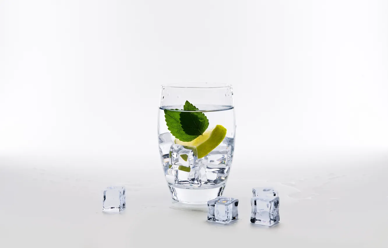 Photo wallpaper water, glass, lemon, ice, mint
