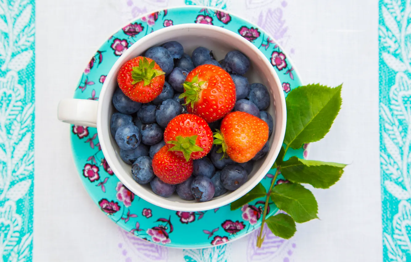 Photo wallpaper leaves, berries, blueberries, strawberry, Cup, saucer, blueberries