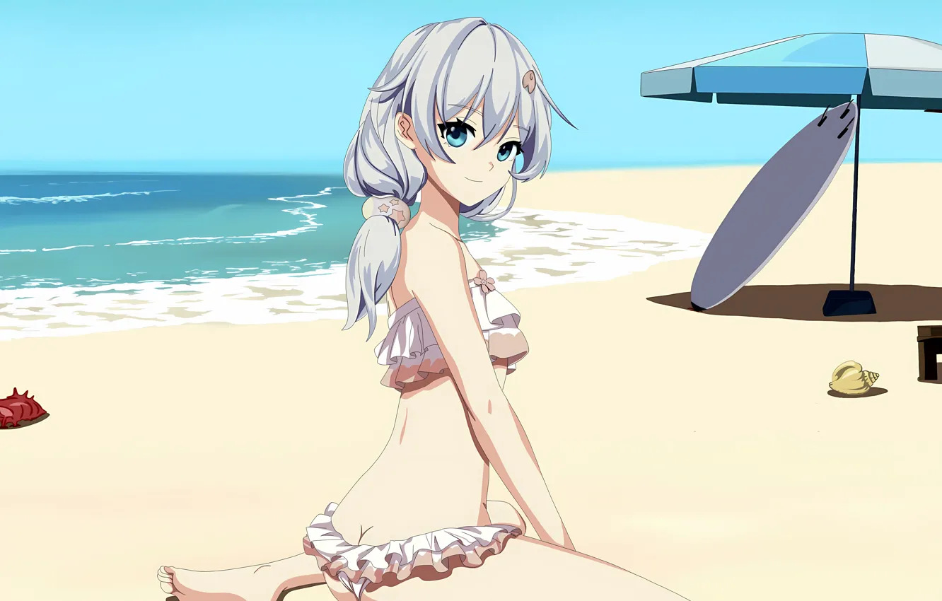Photo wallpaper girl, sexy, beach, sky, long hair, legs, sea, anime