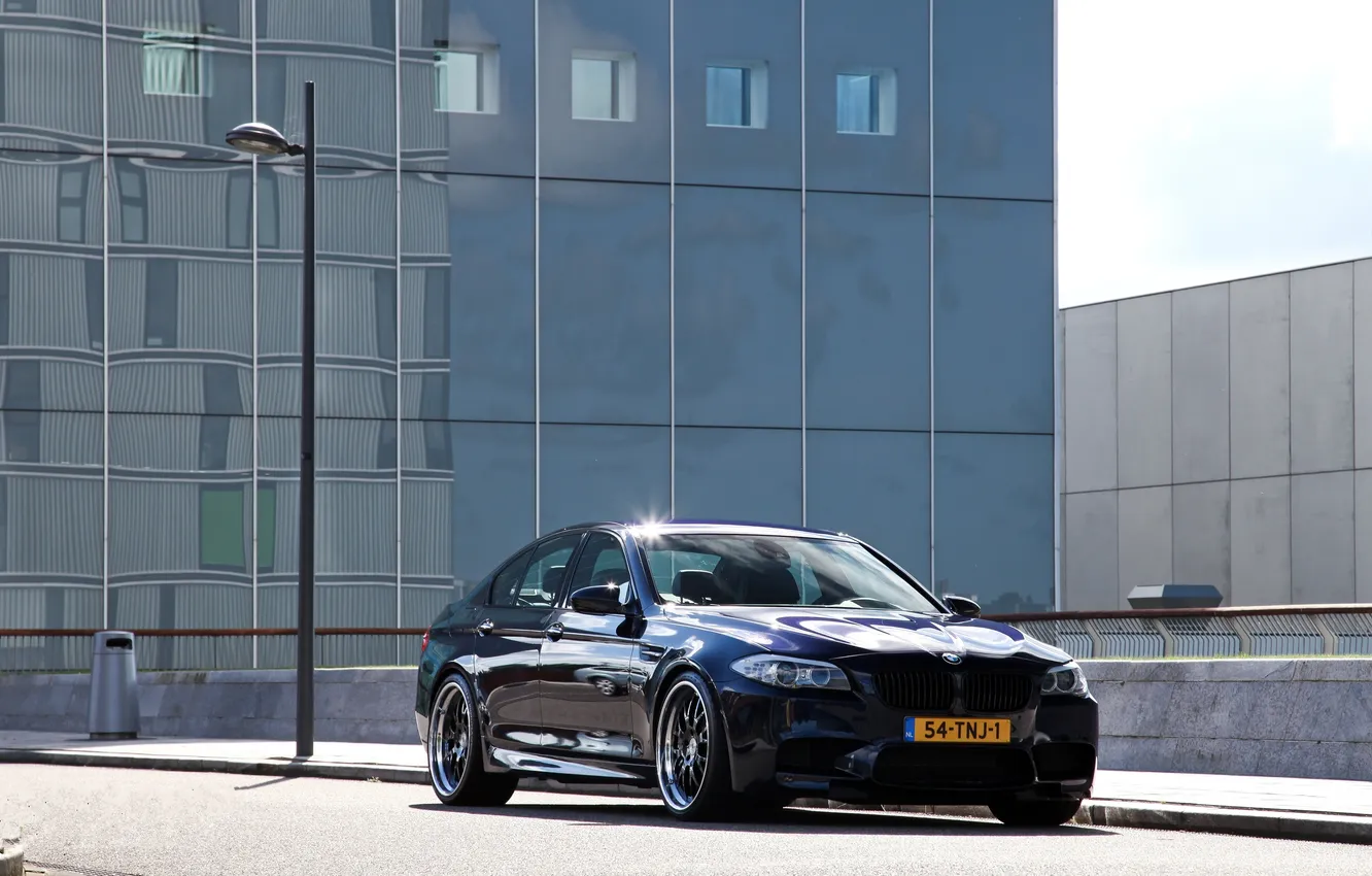 Photo wallpaper reflection, street, building, BMW, BMW, window, lights, blue