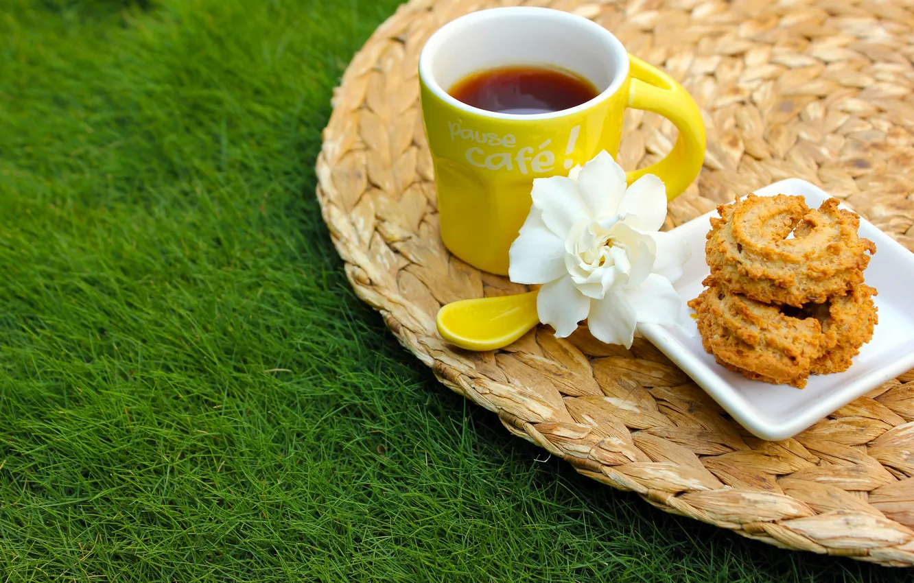 Photo wallpaper white, flower, grass, tea, cookies, spoon, Cup, yellow