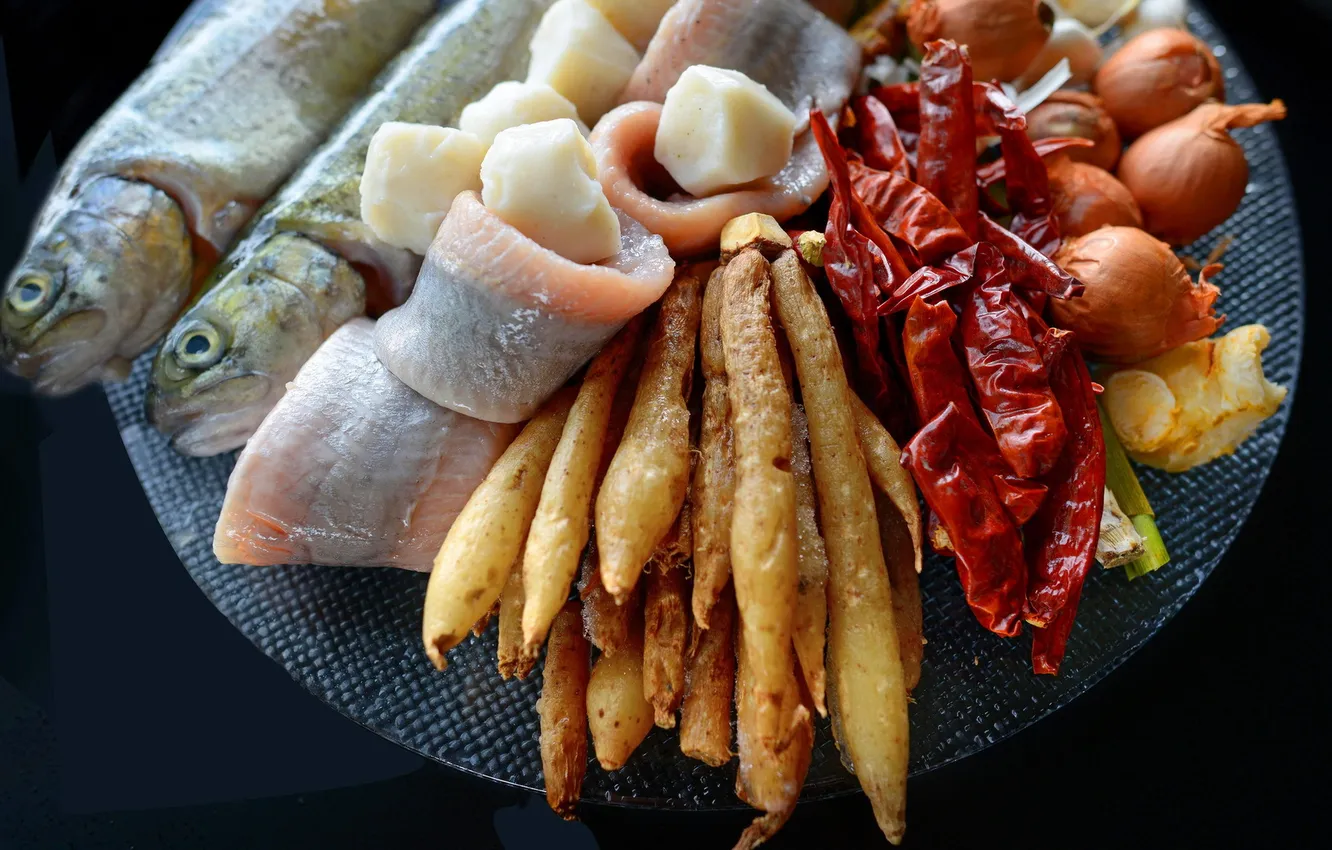 Photo wallpaper food, fish, bow