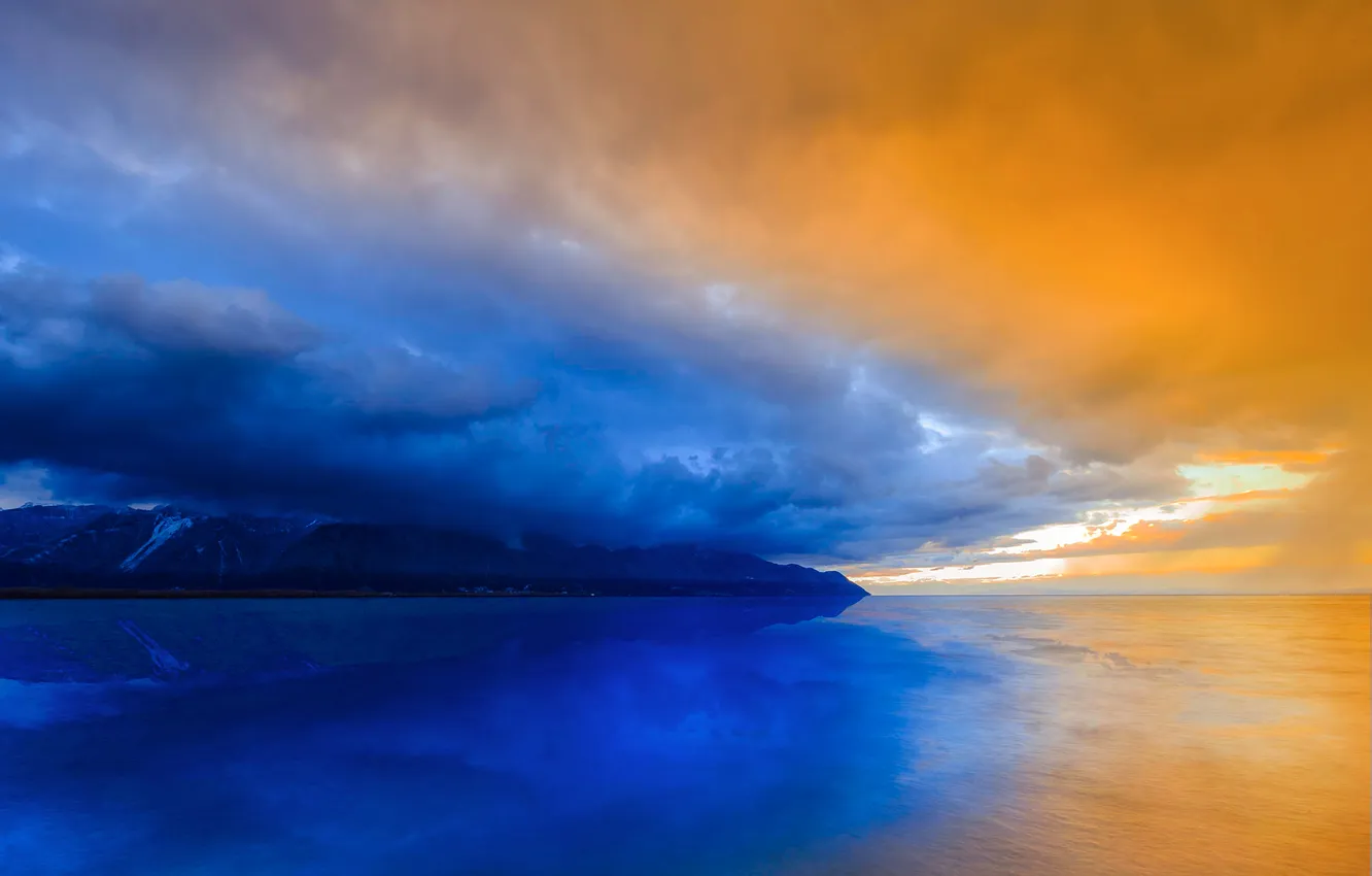 Photo wallpaper Clouds, Winter, Switzerland, Water, Mountain, Sunset, Lake, Reflections