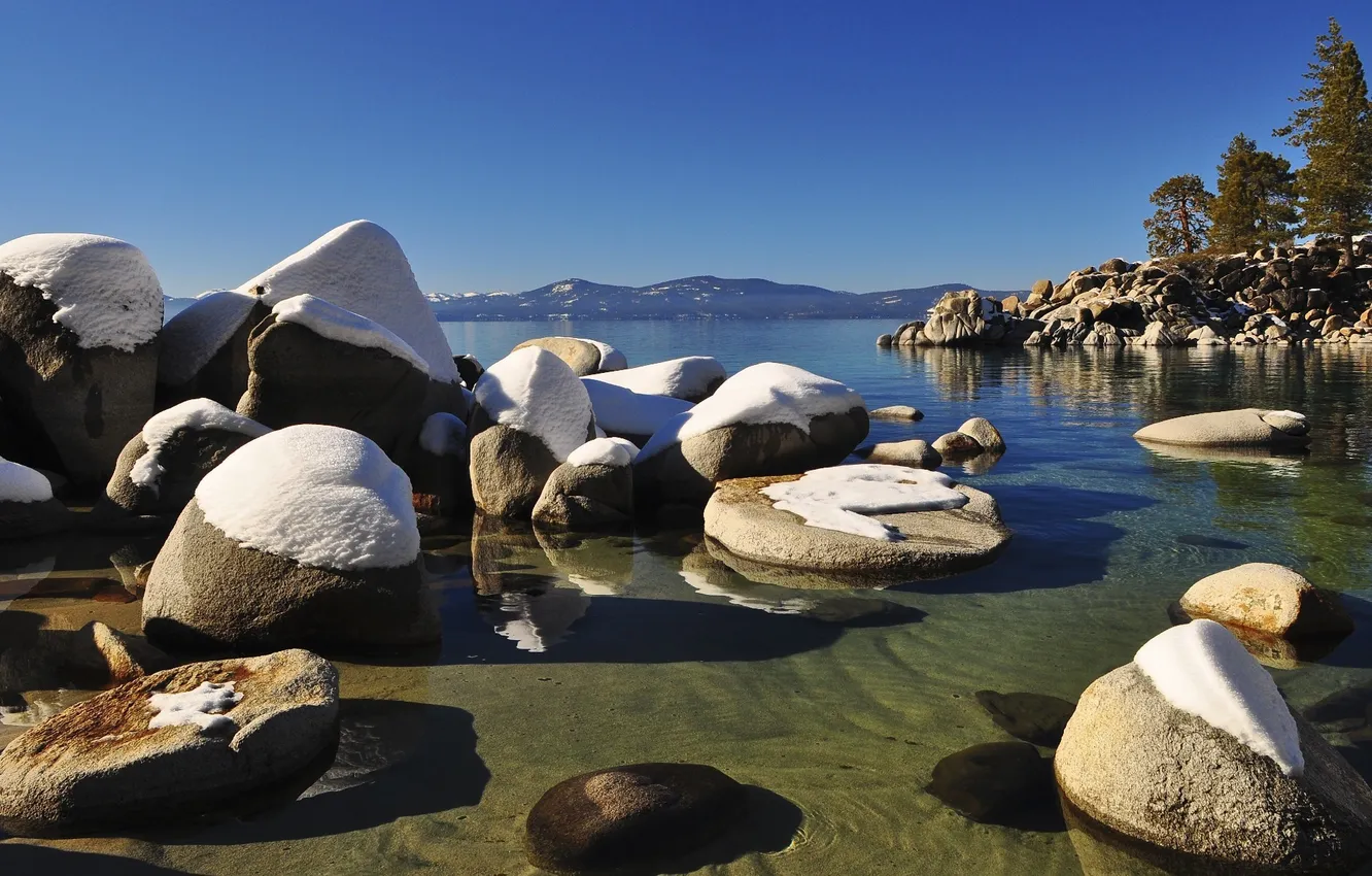 Photo wallpaper the sky, snow, trees, mountains, lake, stones, spring, Bay