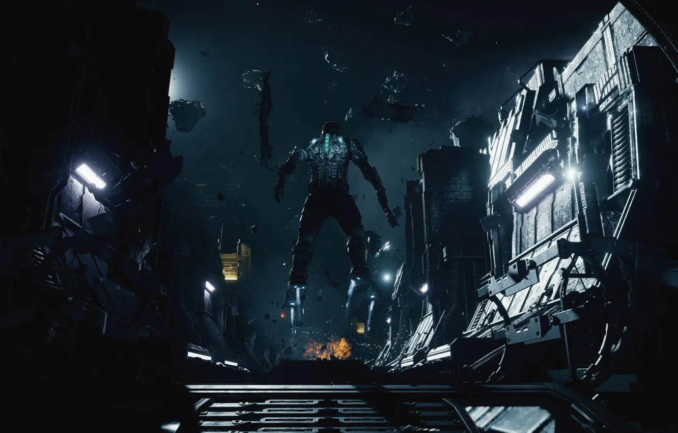 Photo wallpaper explosion, horror, game, fly, Electronic Arts, Isaac Clark, engineer suit, Zero Gravity