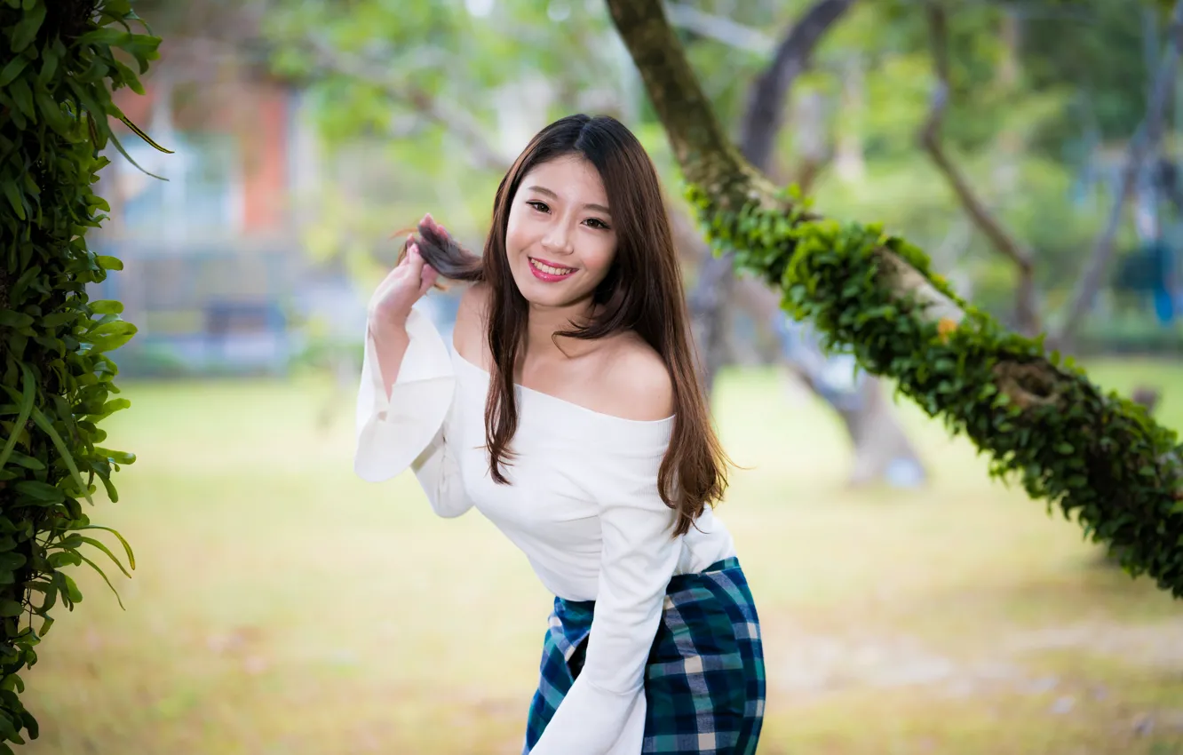 Photo wallpaper girl, smile, Asian, cutie, bokeh