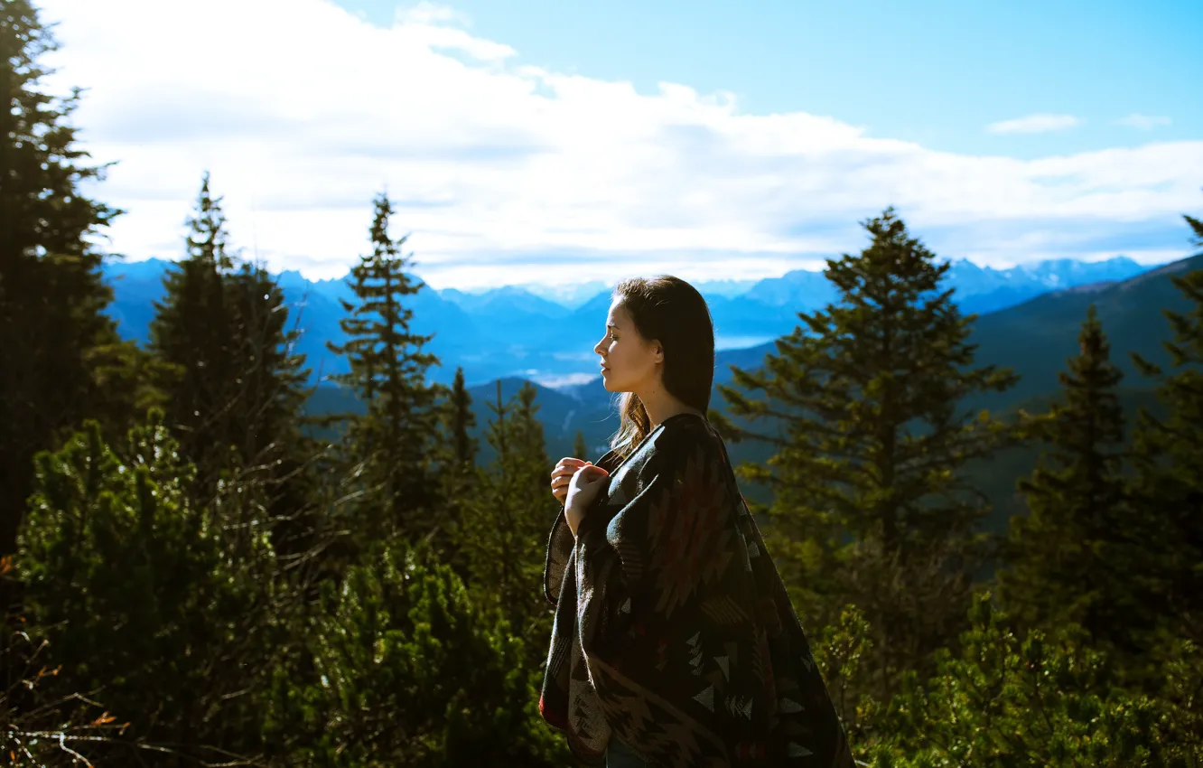 Photo wallpaper forest, the sky, girl, clouds, trees, tree, profile, brown hair