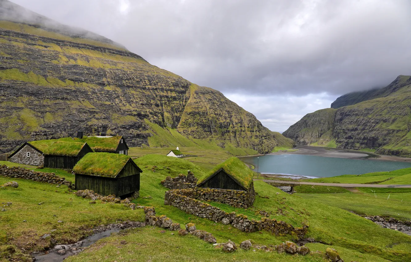 Photo wallpaper mountains, shore, houses, pond, The Faroe Islands