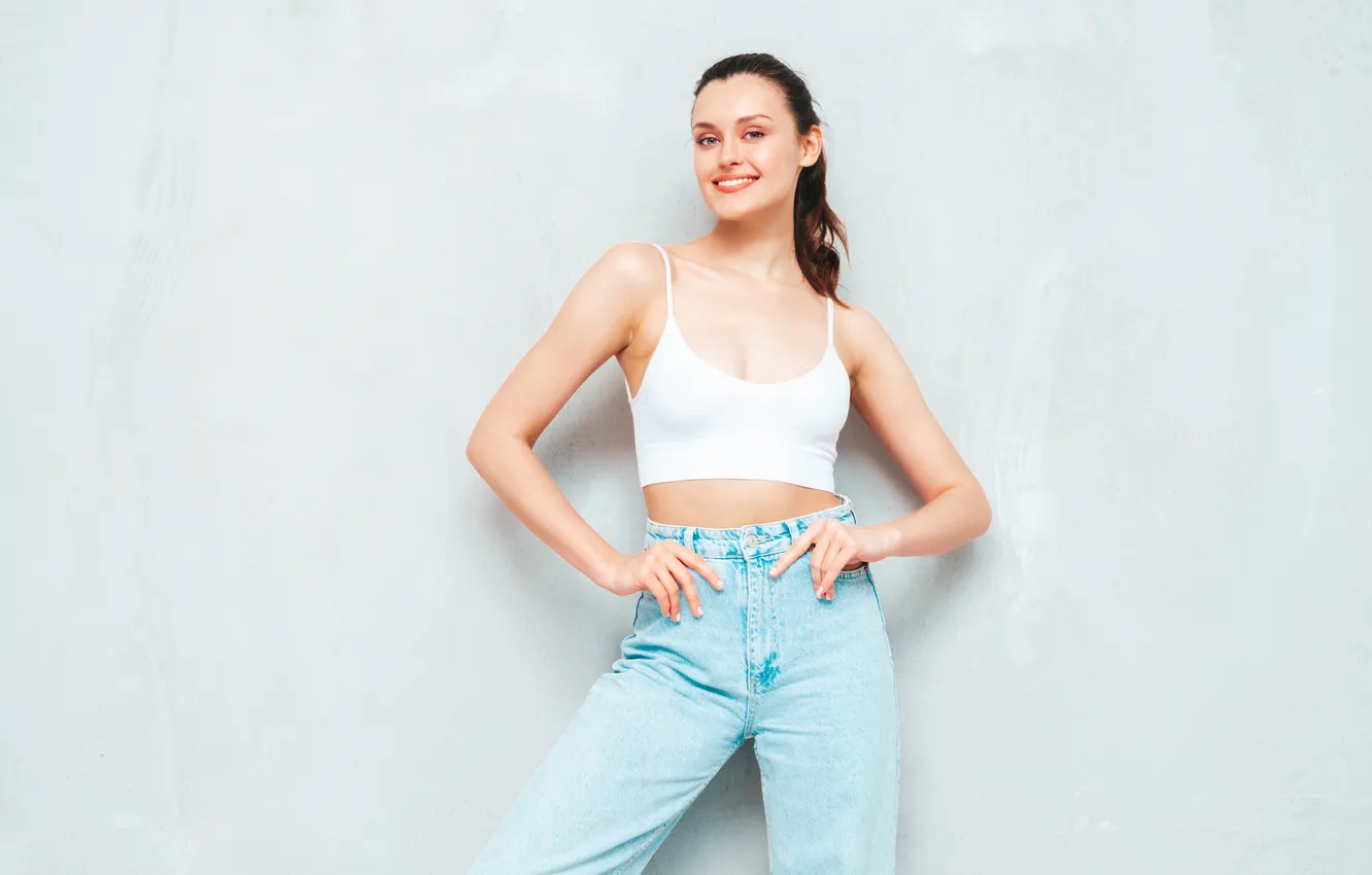 Photo wallpaper girl, pretty, jeans, brunette, cute, tank top