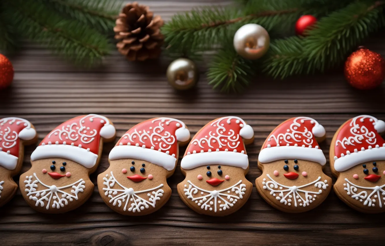 Photo wallpaper balls, branches, Board, cookies, Christmas, New year, snowmen, snowman