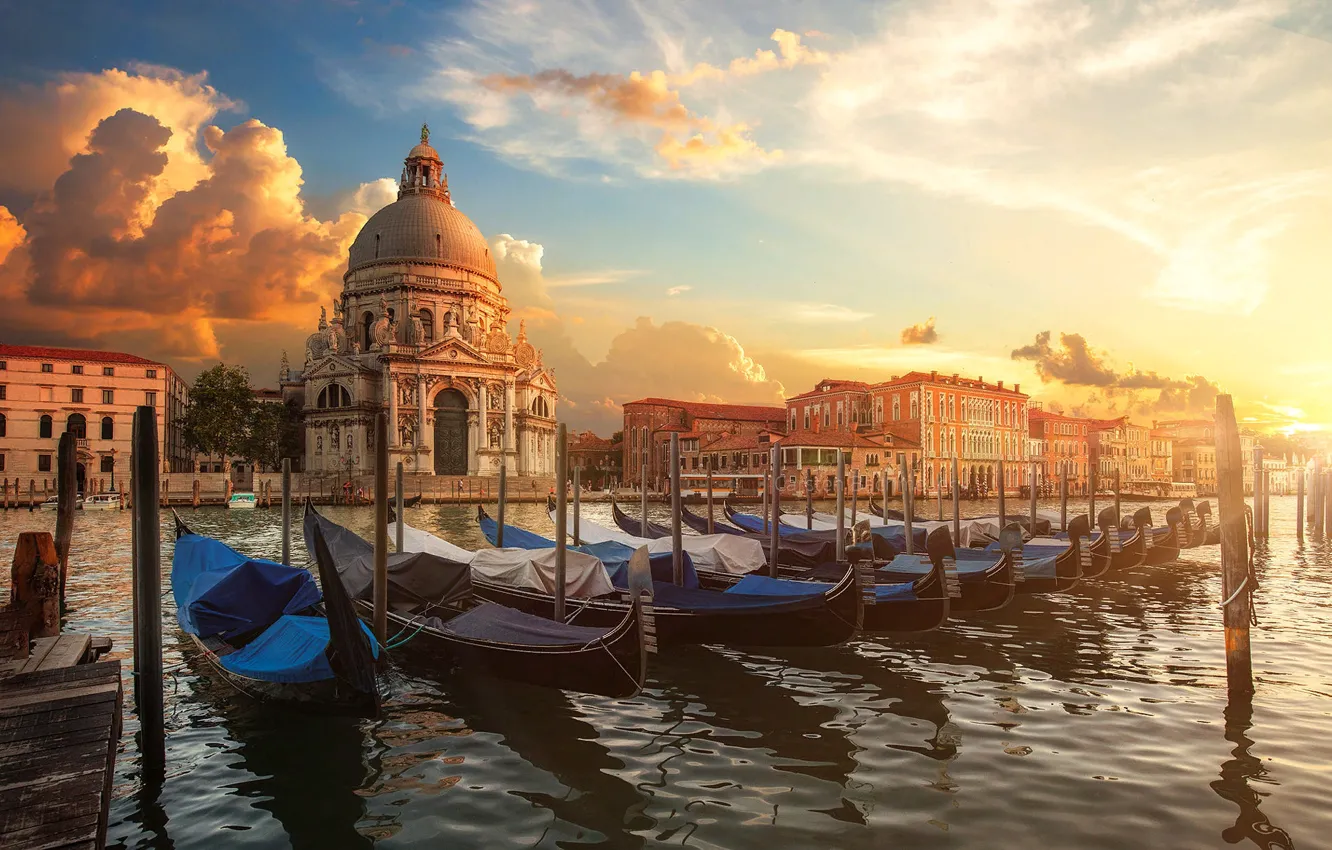 Photo wallpaper water, the city, building, home, boats, morning, Italy, Church