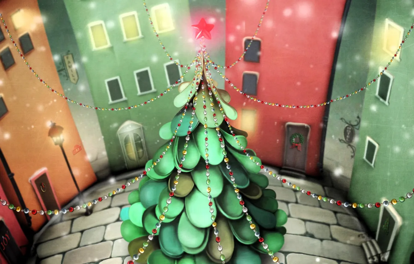 Photo wallpaper holiday, tree, home, yard, garland