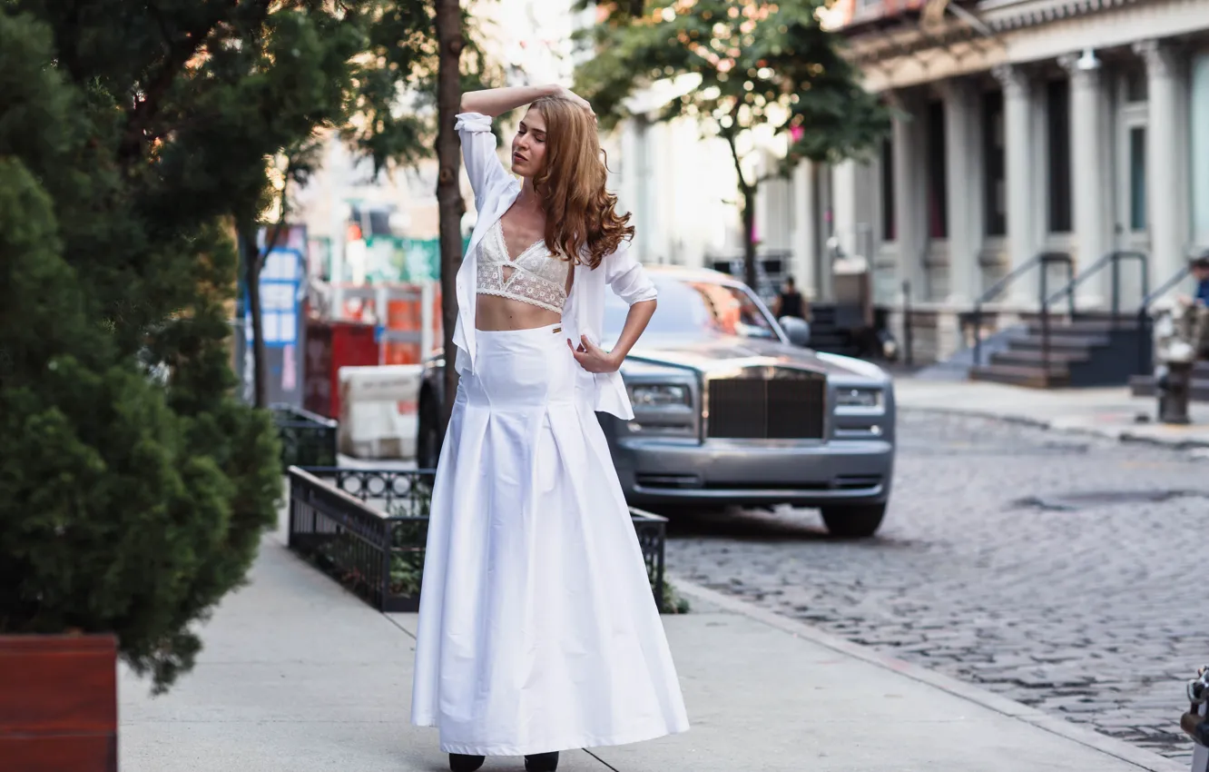 Photo wallpaper girl, the city, pose, street, skirt, curls, Sergei Goncharov